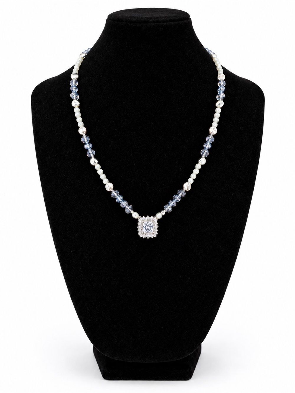 Handmade Freshwater Pearl Blue Bead Crystal Pendant Necklace